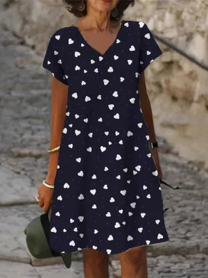 TastyHottie - Black Heart Print V Neck Causal Short Sleeve Shift Dress