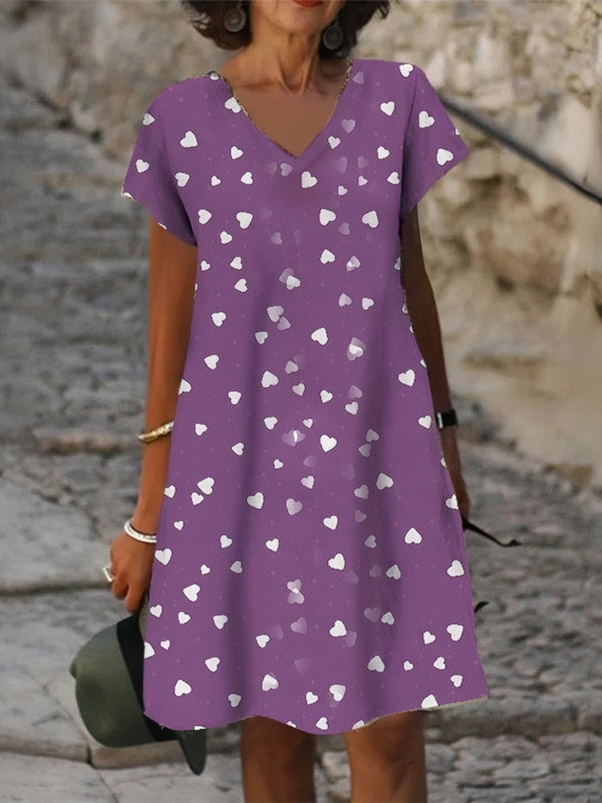 TastyHottie - Black Heart Print V Neck Causal Short Sleeve Shift Dress