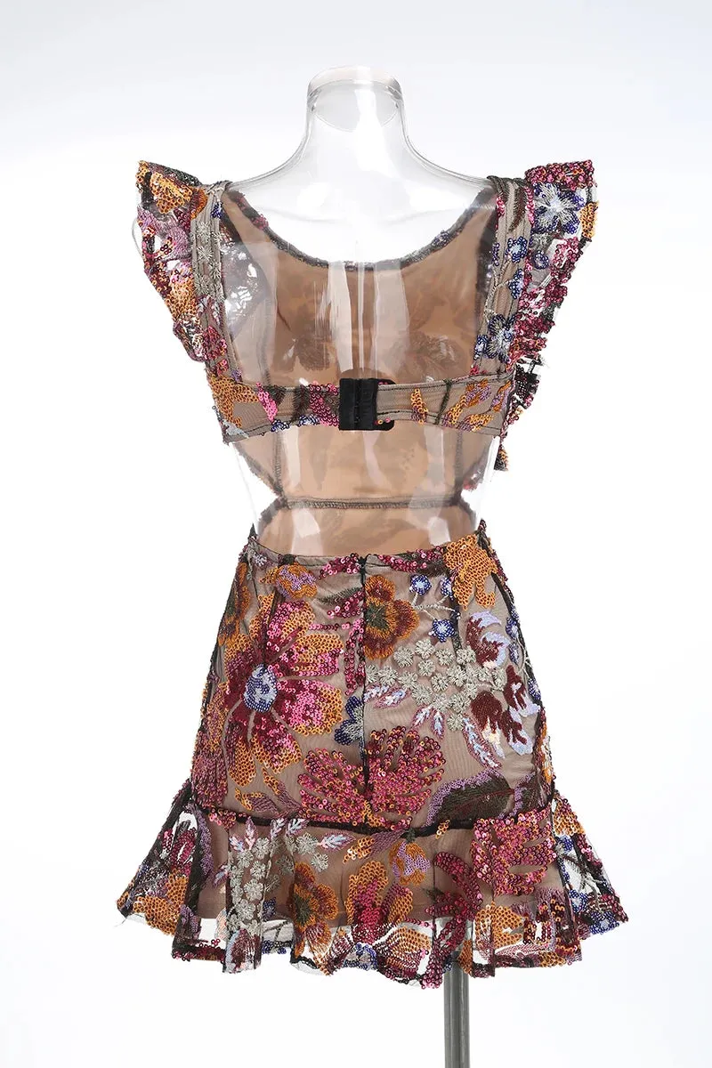 Trend4us Women's Floral Embroidered Sequin Ruffle Mini Dress
