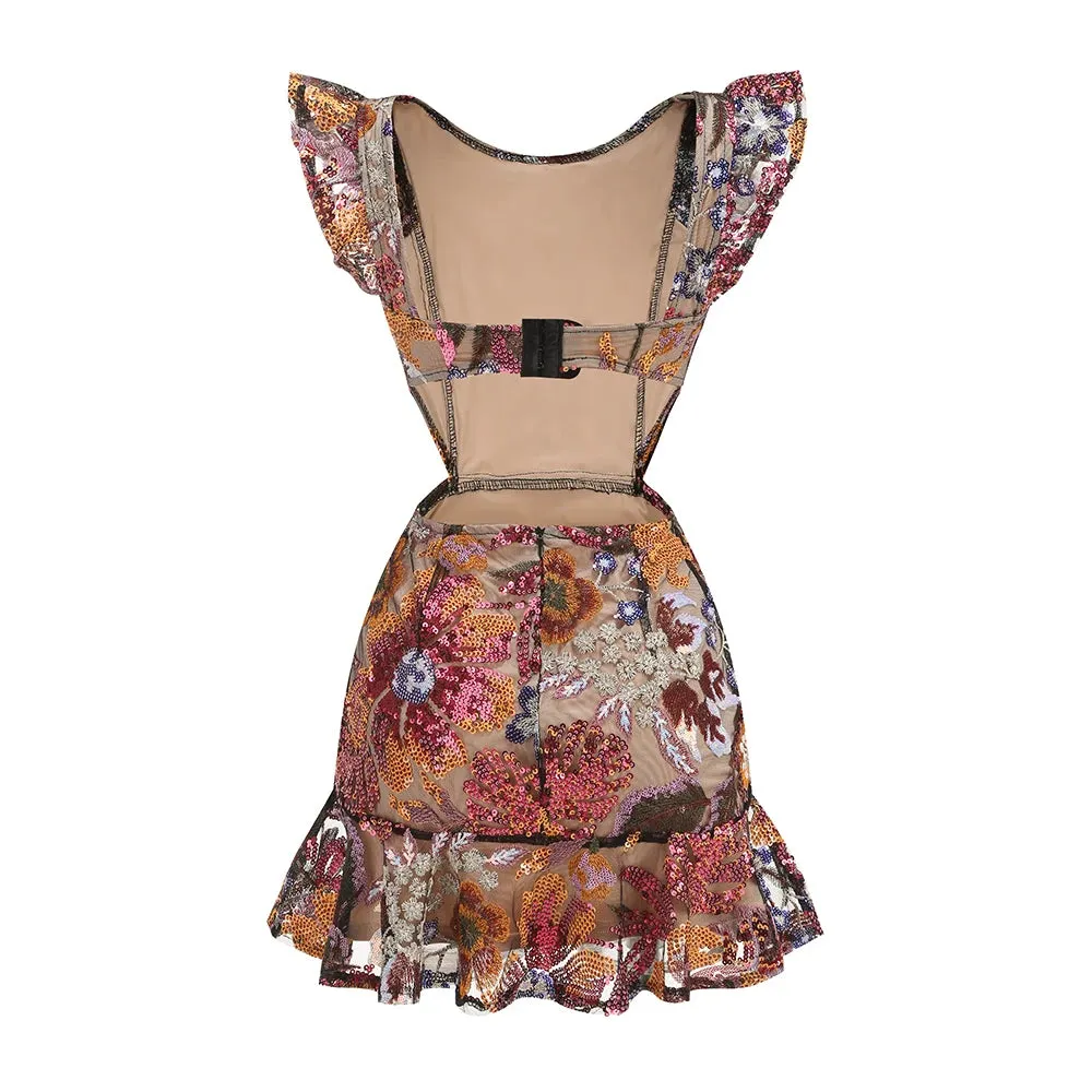 Trend4us Women's Floral Embroidered Sequin Ruffle Mini Dress
