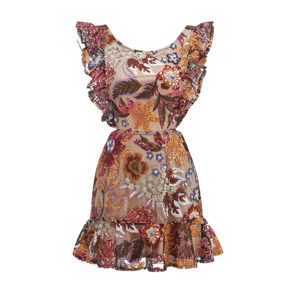 Trend4us Women's Floral Embroidered Sequin Ruffle Mini Dress
