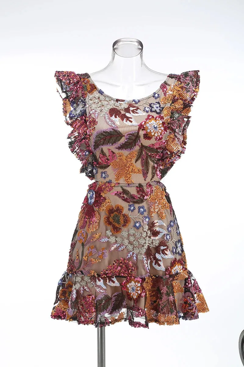 Trend4us Women's Floral Embroidered Sequin Ruffle Mini Dress