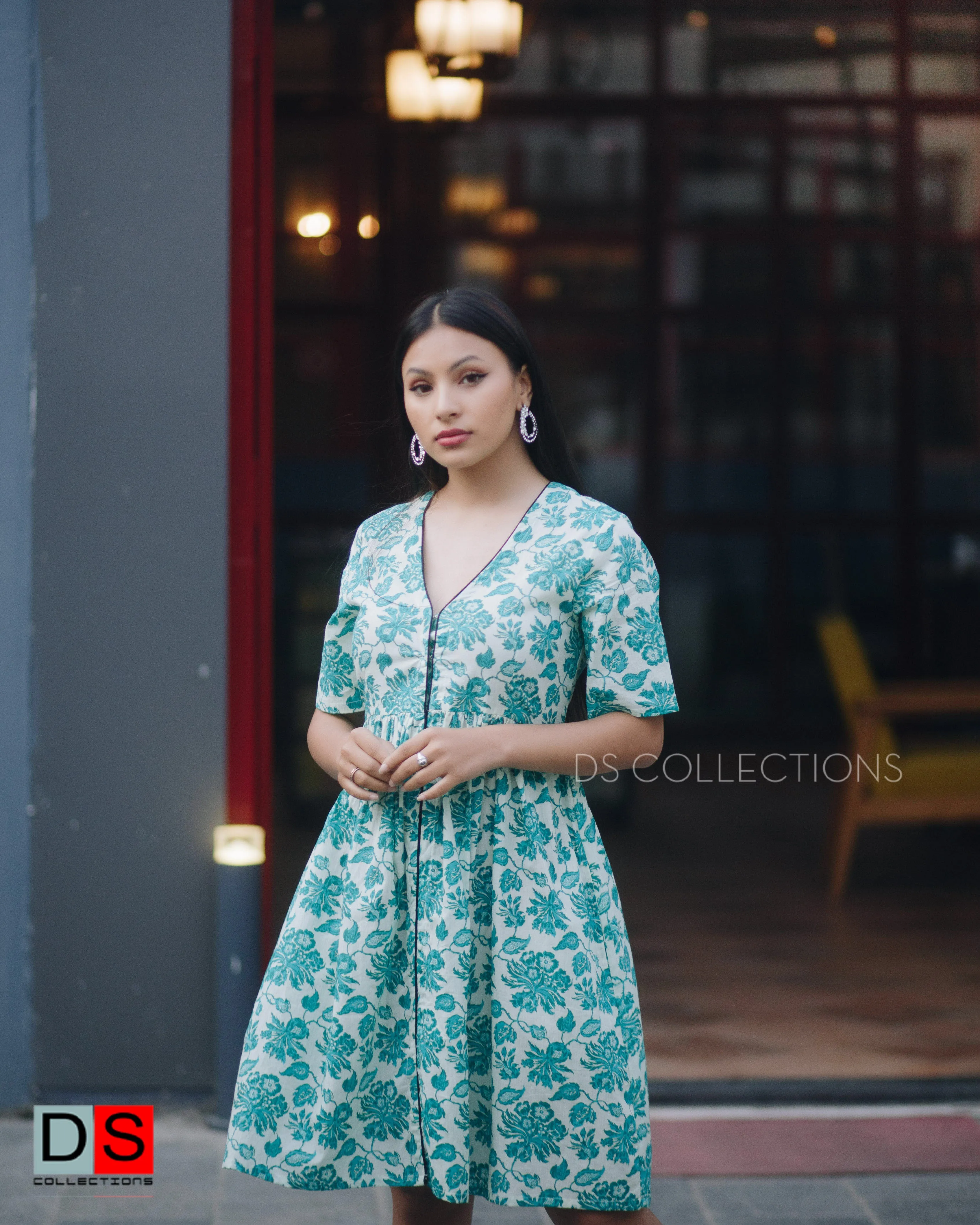 V-Neck Floral Cotton Dress