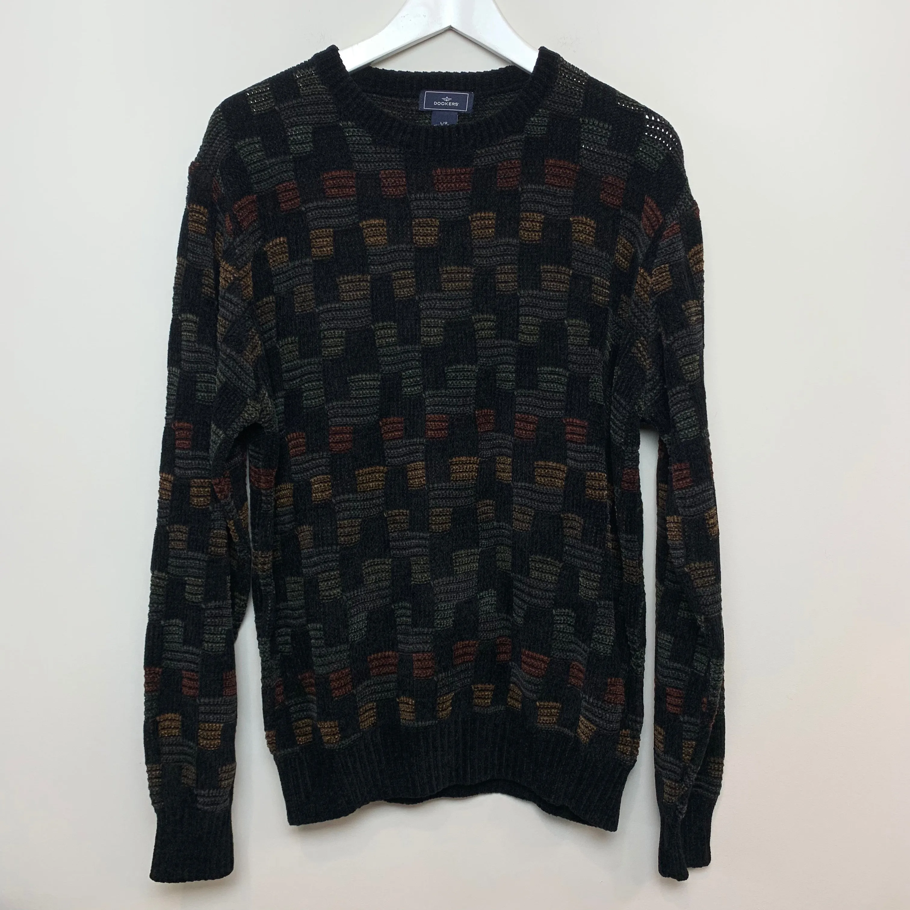 Vintage 90s Dockers Chenille Sweater Checkered Knit Crewneck Large