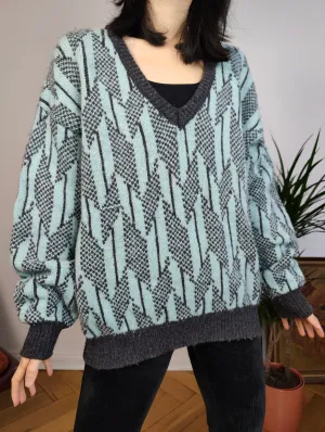 Vintage Benetton Shetland pure new wool sweater knit grey blue pattern fall winter knitted pullover jumper V neck M