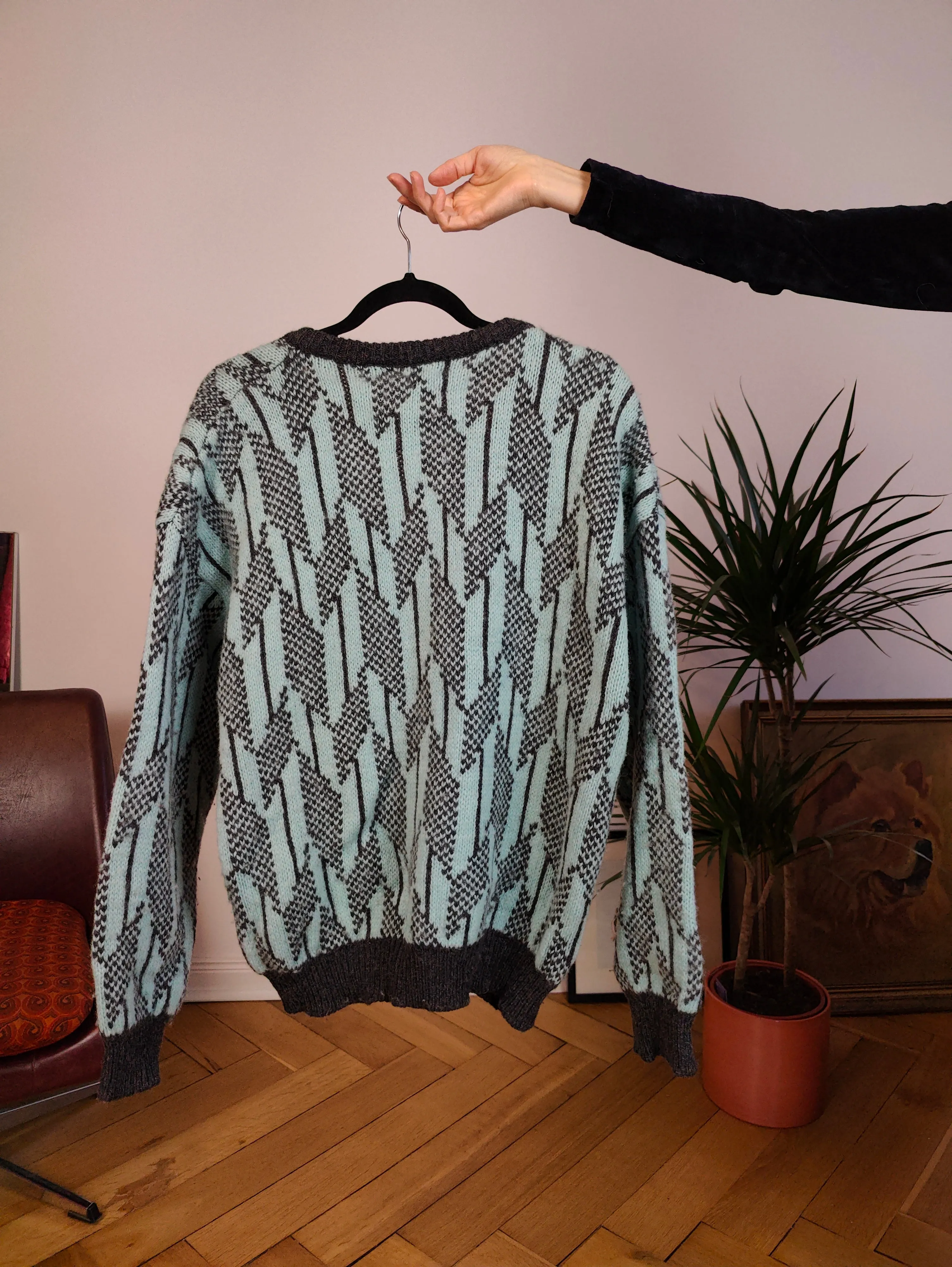 Vintage Benetton Shetland pure new wool sweater knit grey blue pattern fall winter knitted pullover jumper V neck M