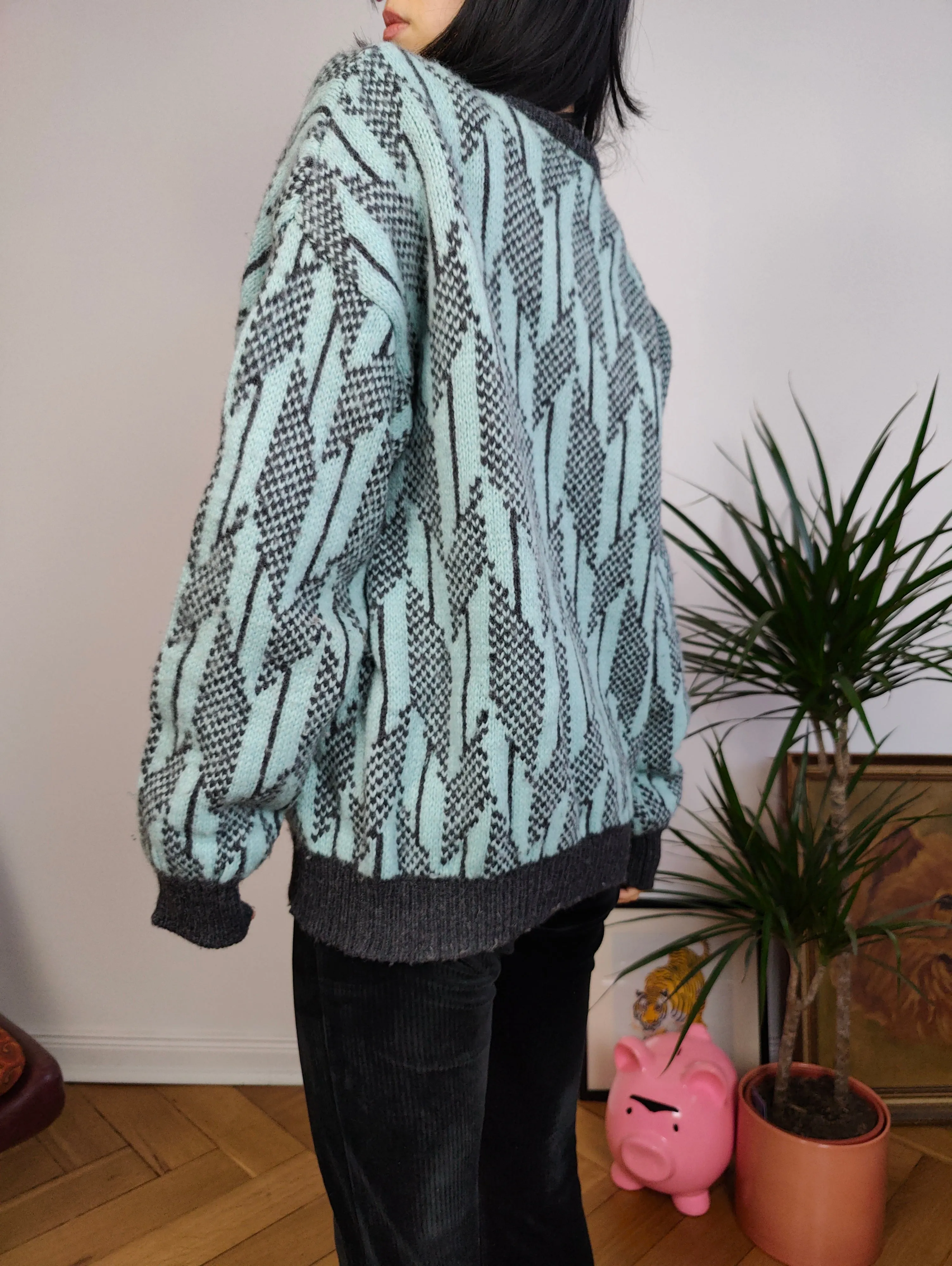 Vintage Benetton Shetland pure new wool sweater knit grey blue pattern fall winter knitted pullover jumper V neck M