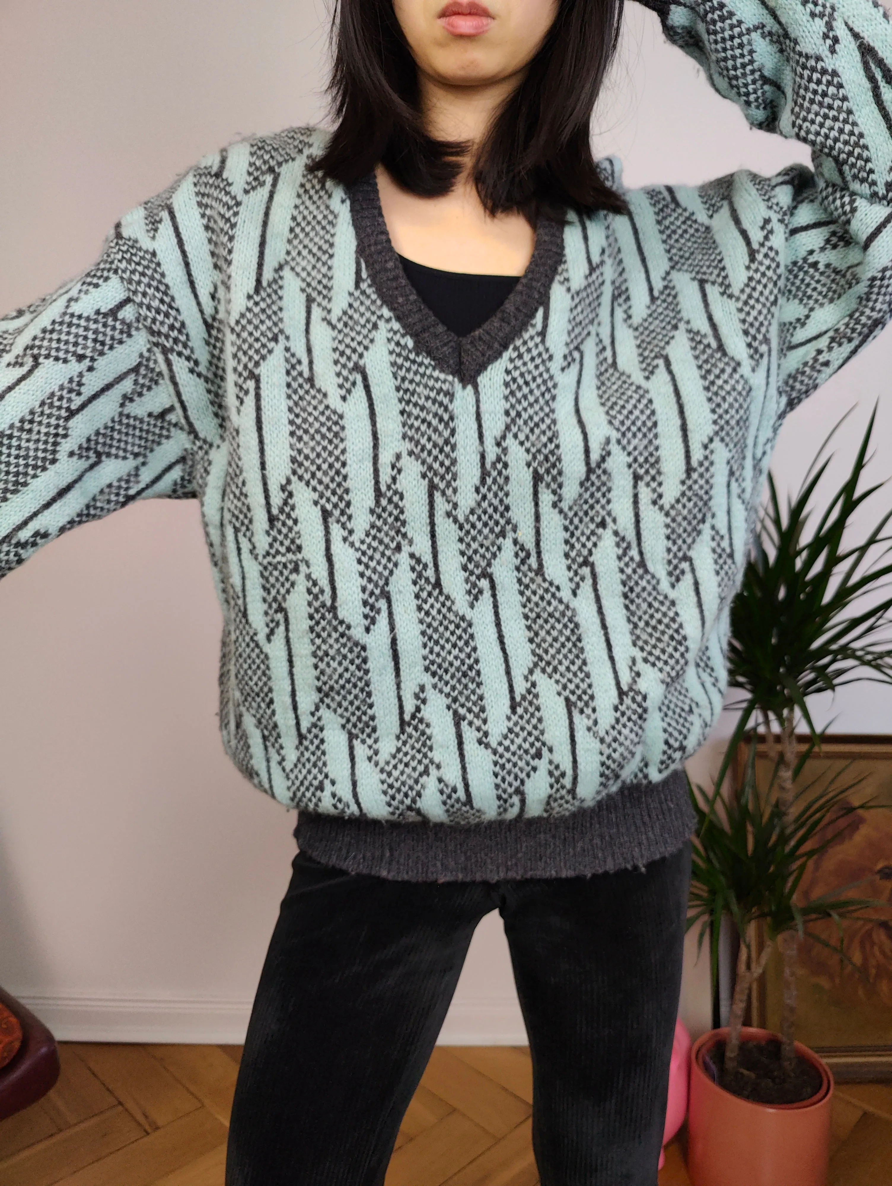 Vintage Benetton Shetland pure new wool sweater knit grey blue pattern fall winter knitted pullover jumper V neck M