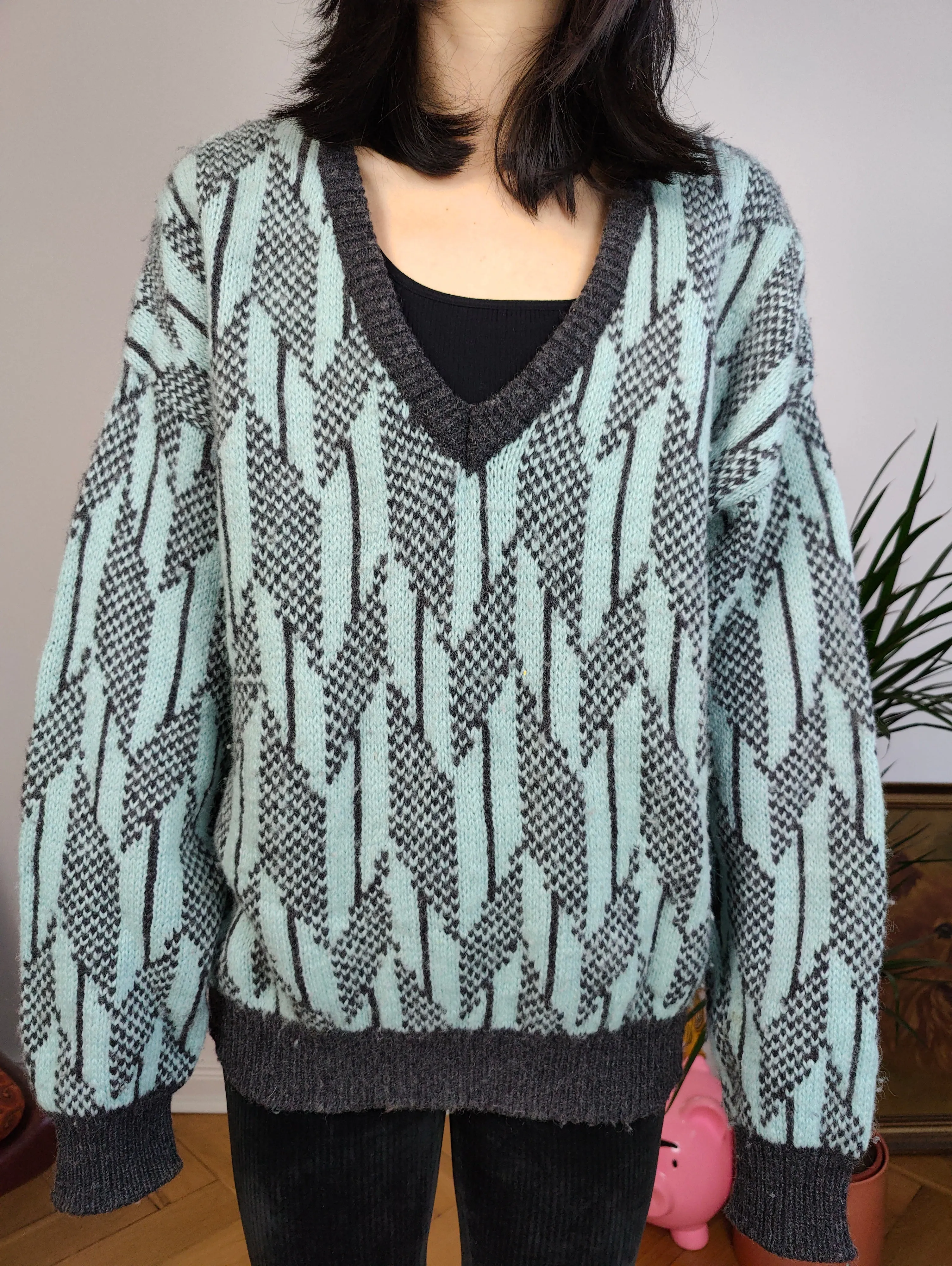 Vintage Benetton Shetland pure new wool sweater knit grey blue pattern fall winter knitted pullover jumper V neck M