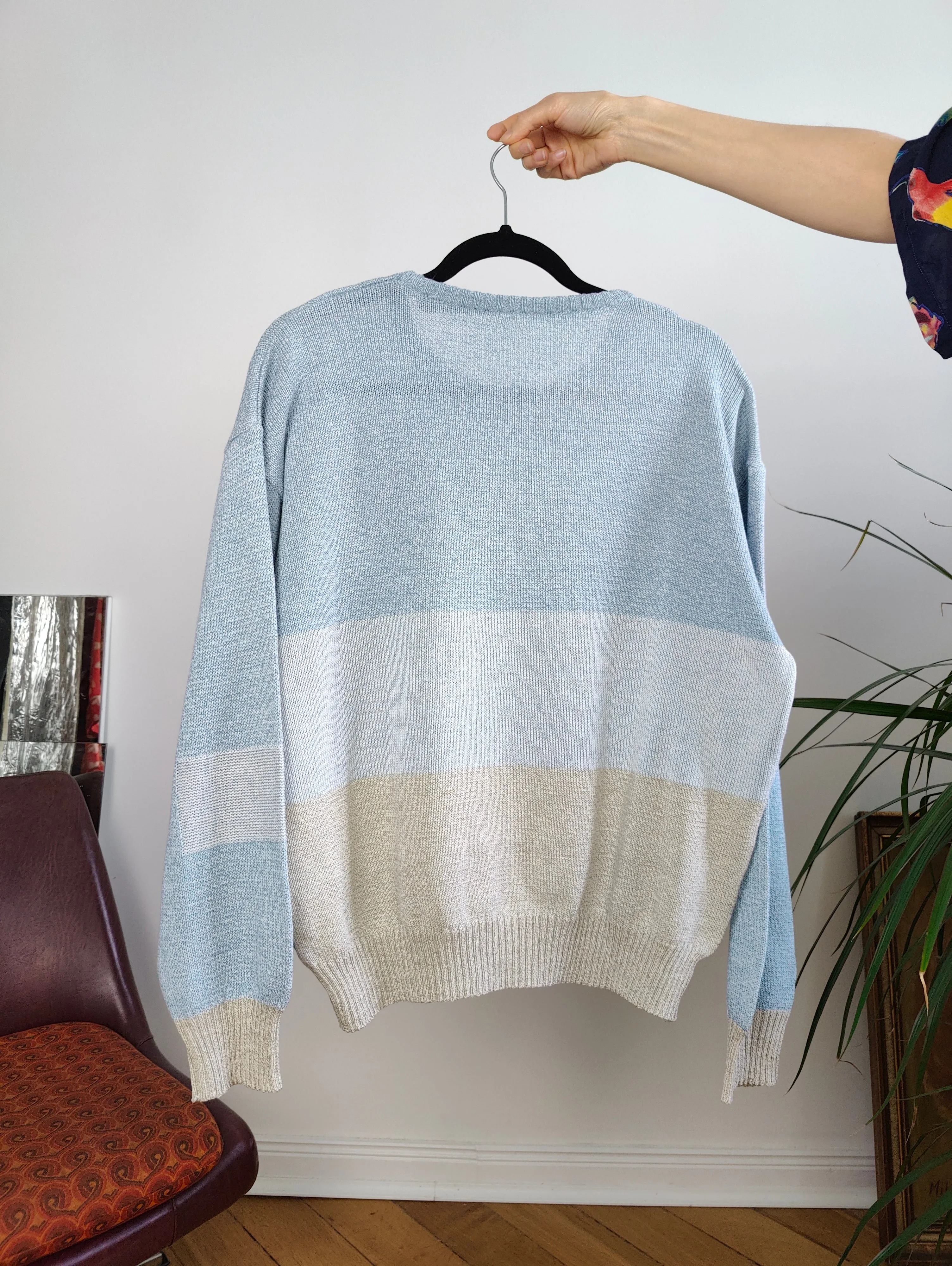 Vintage cotton mix blue knit knitted sweater light block pattern pullover jumper M