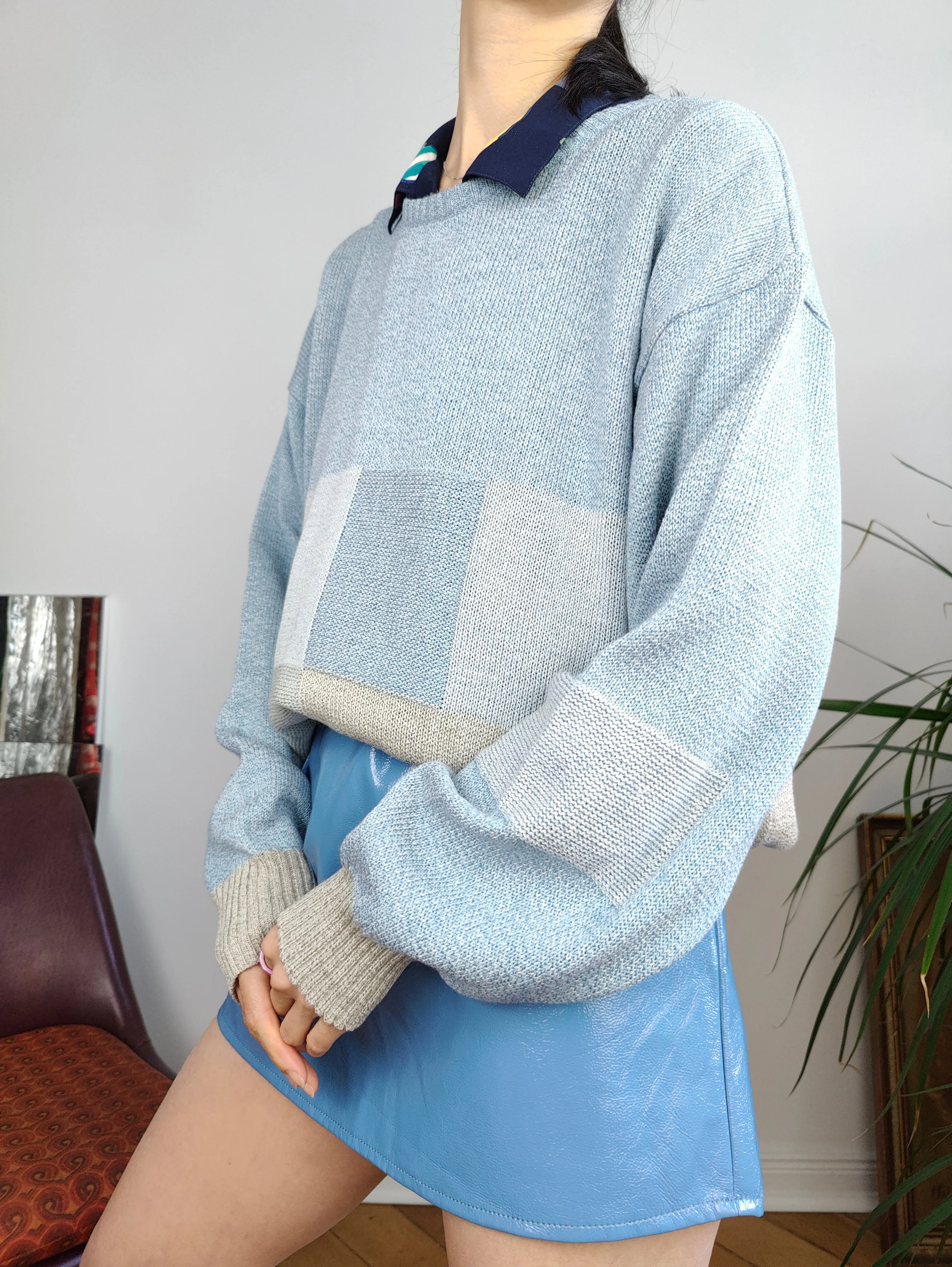 Vintage cotton mix blue knit knitted sweater light block pattern pullover jumper M