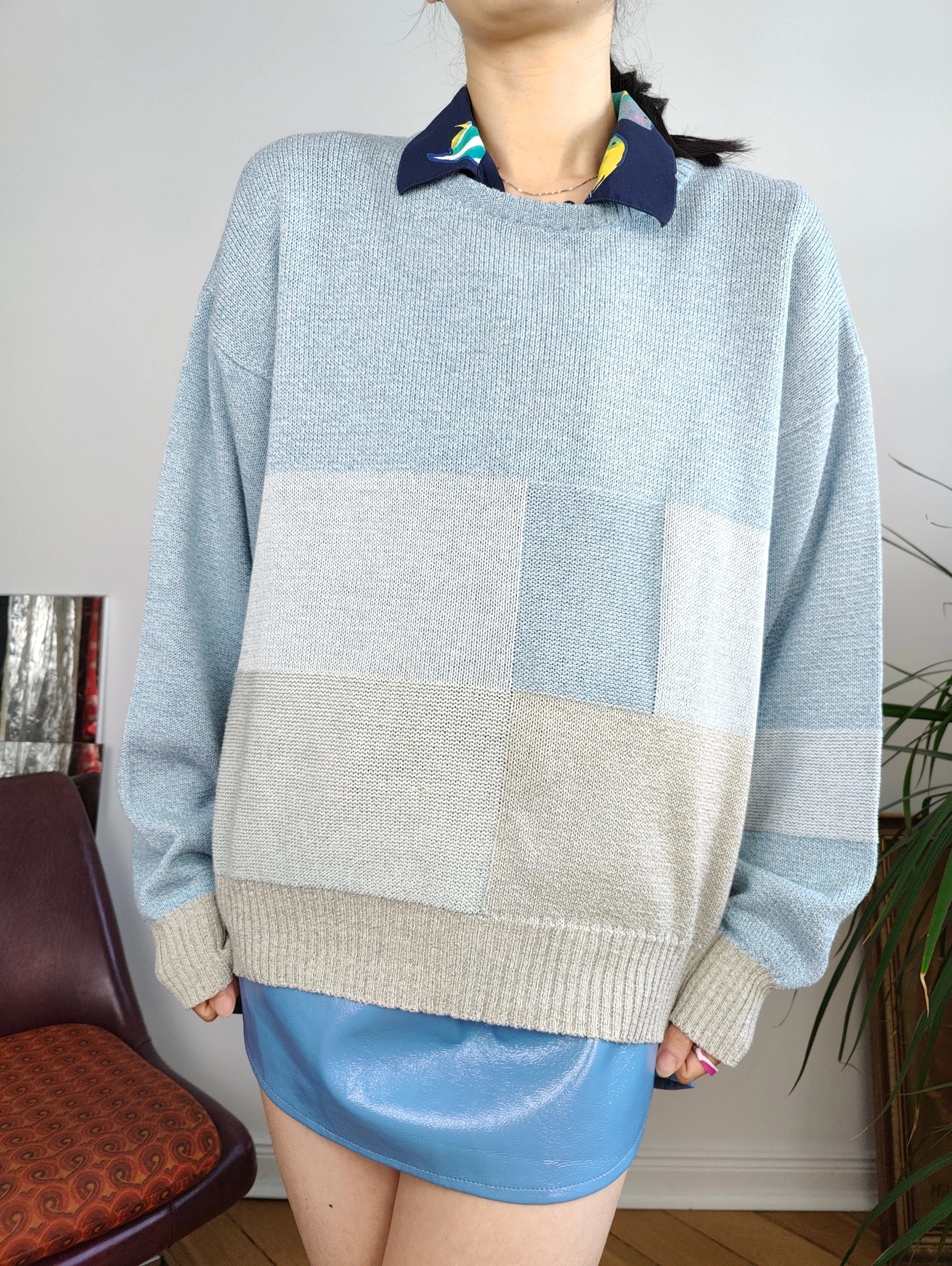 Vintage cotton mix blue knit knitted sweater light block pattern pullover jumper M