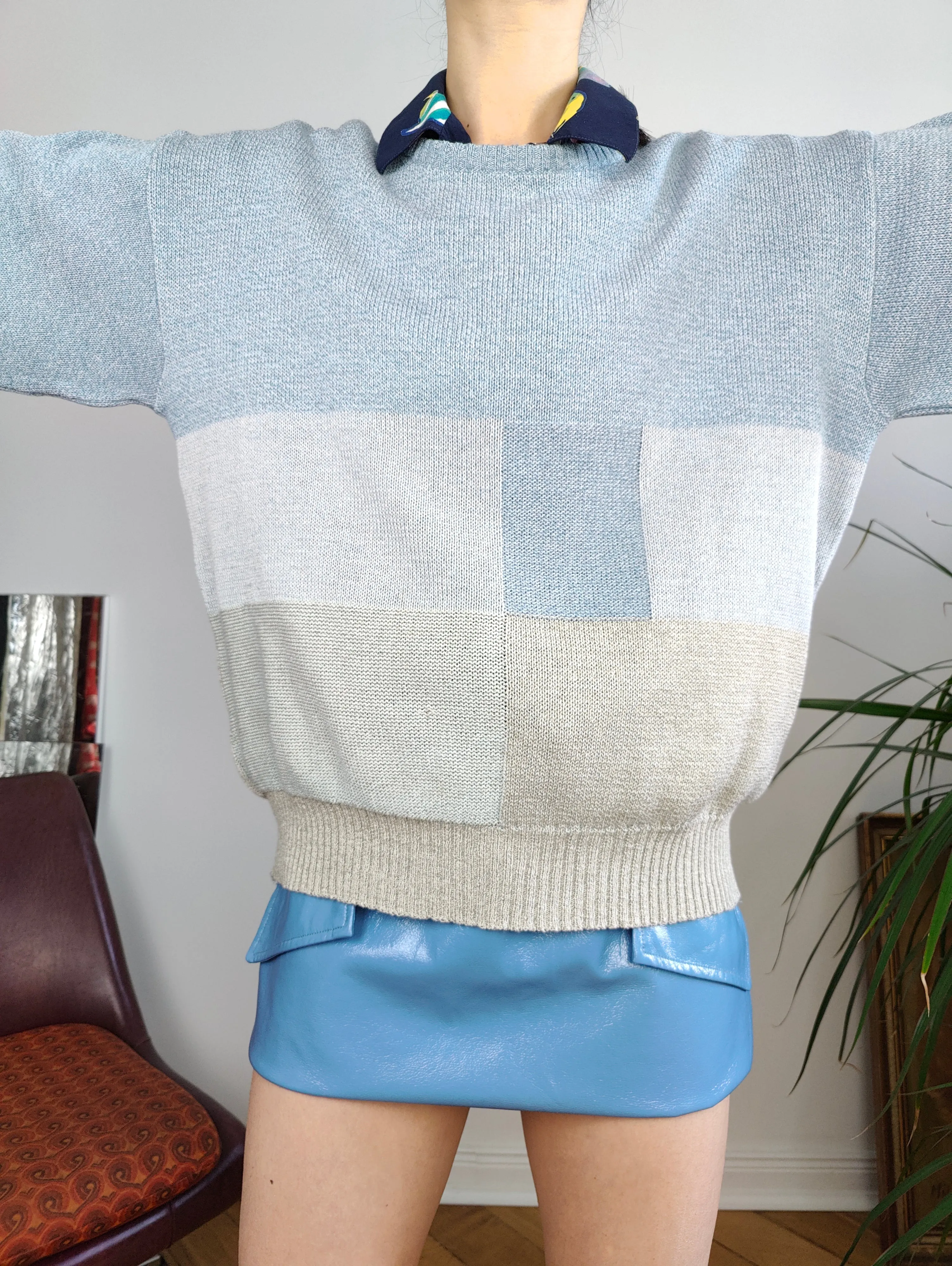 Vintage cotton mix blue knit knitted sweater light block pattern pullover jumper M