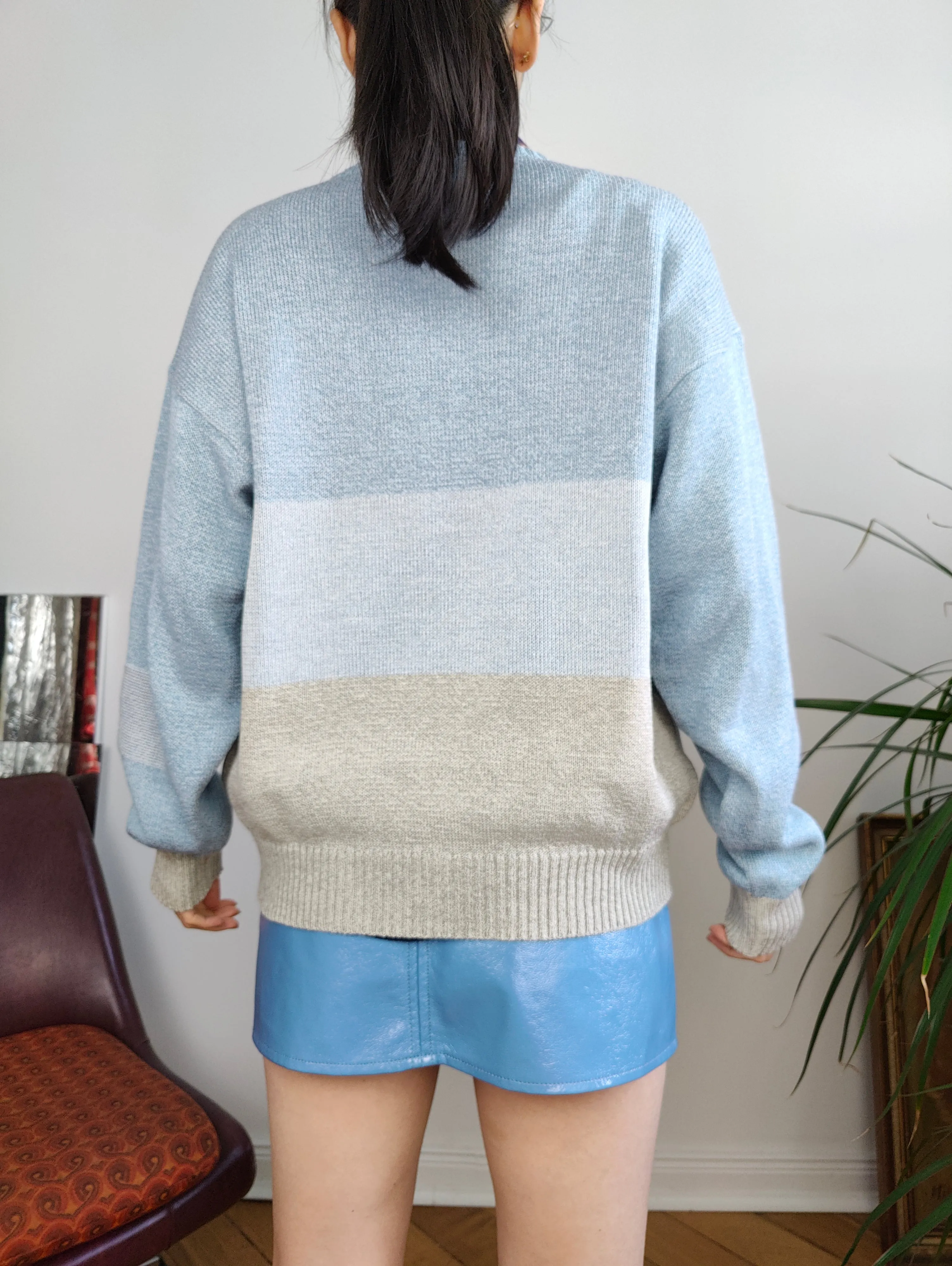 Vintage cotton mix blue knit knitted sweater light block pattern pullover jumper M