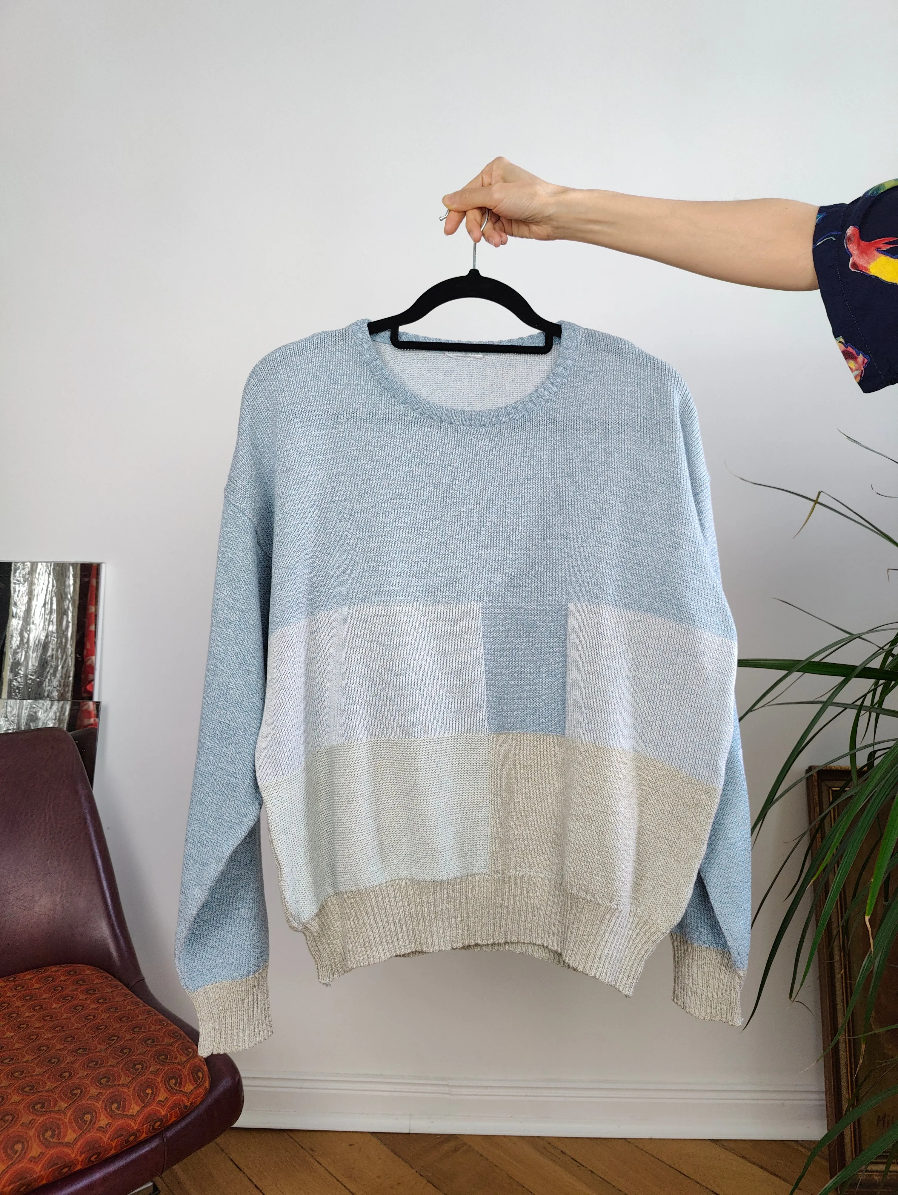 Vintage cotton mix blue knit knitted sweater light block pattern pullover jumper M