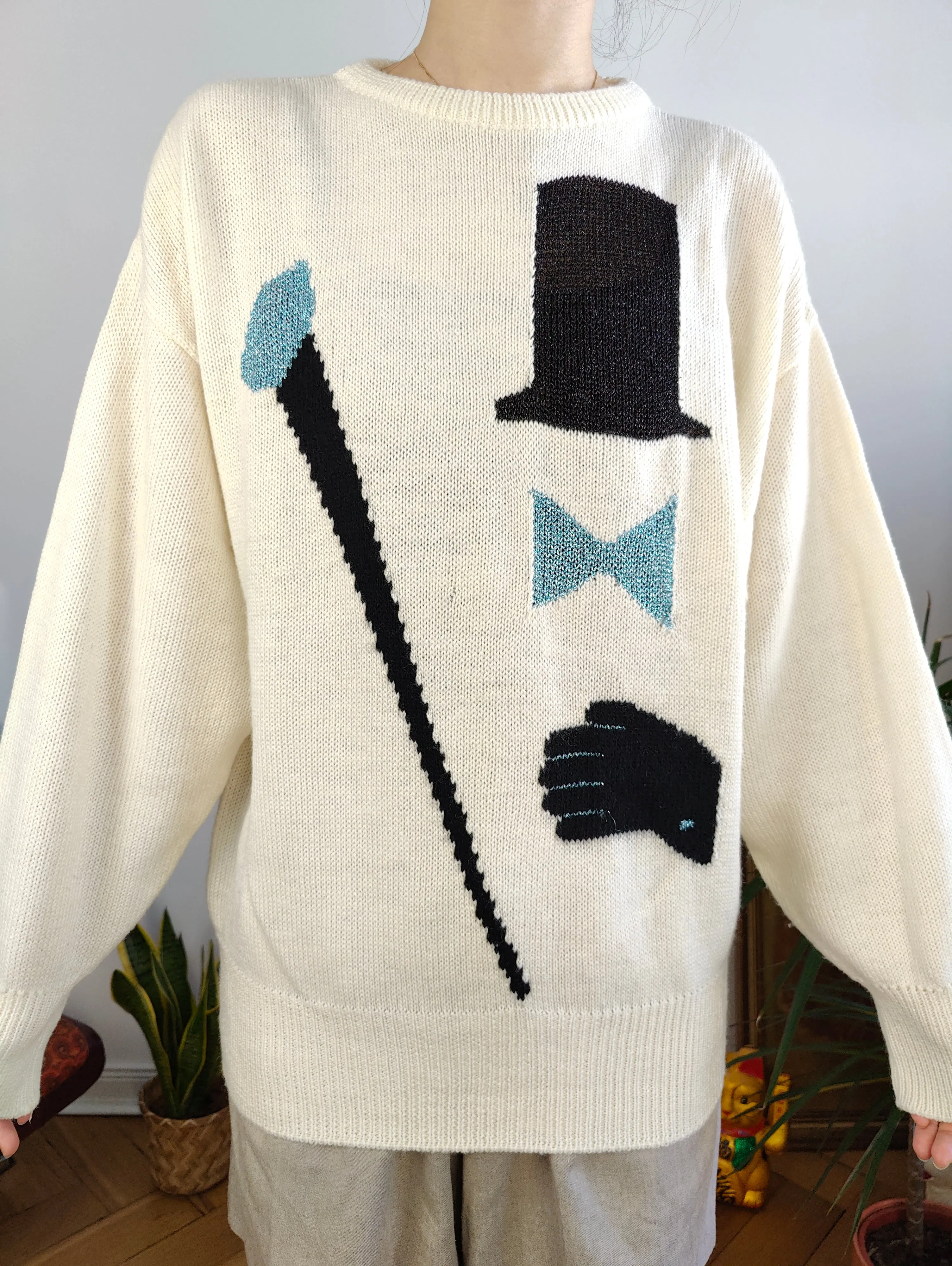 Vintage wool mix white knit knitted sweater fun magician face pattern pullover jumper M