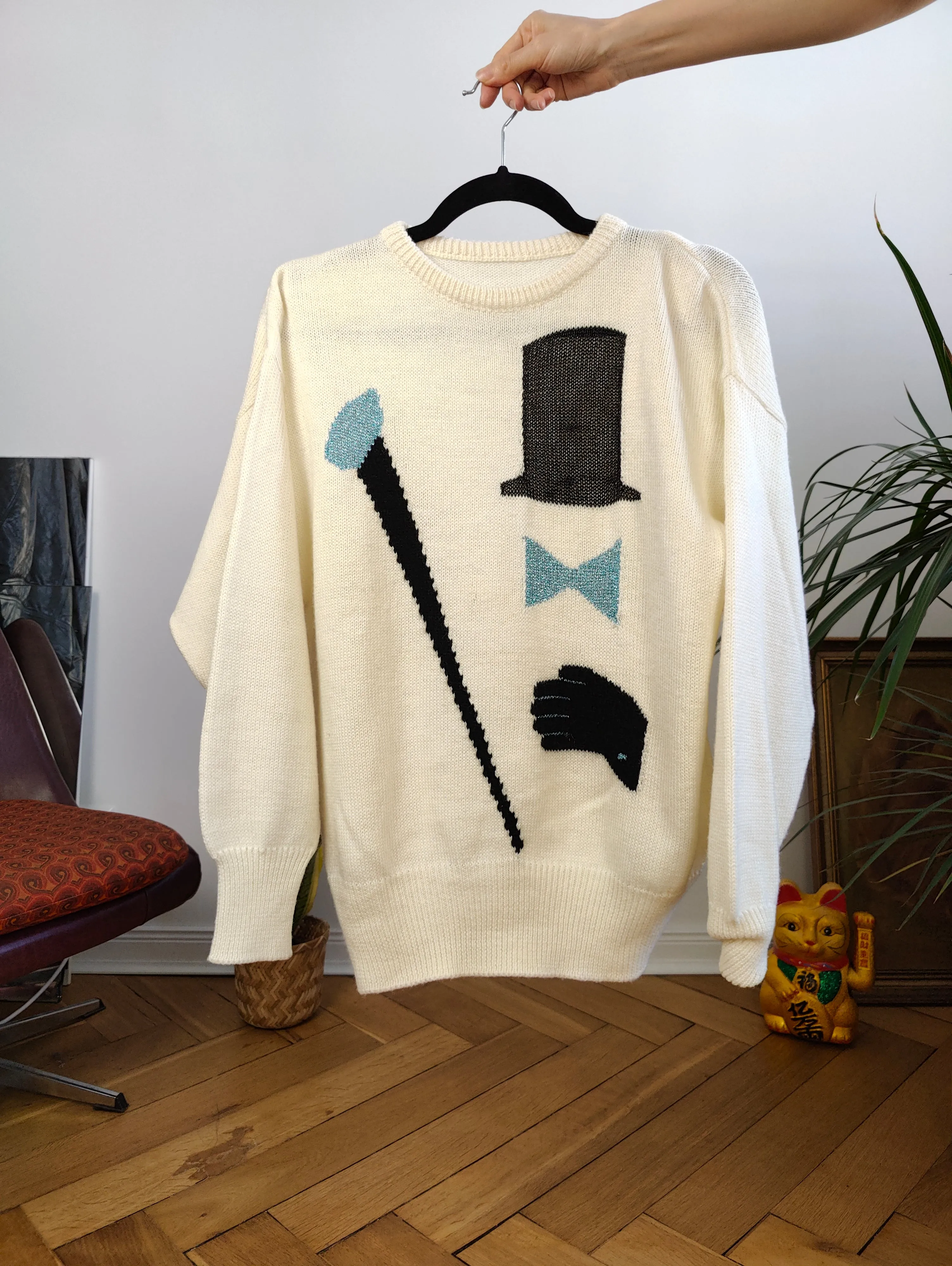 Vintage wool mix white knit knitted sweater fun magician face pattern pullover jumper M