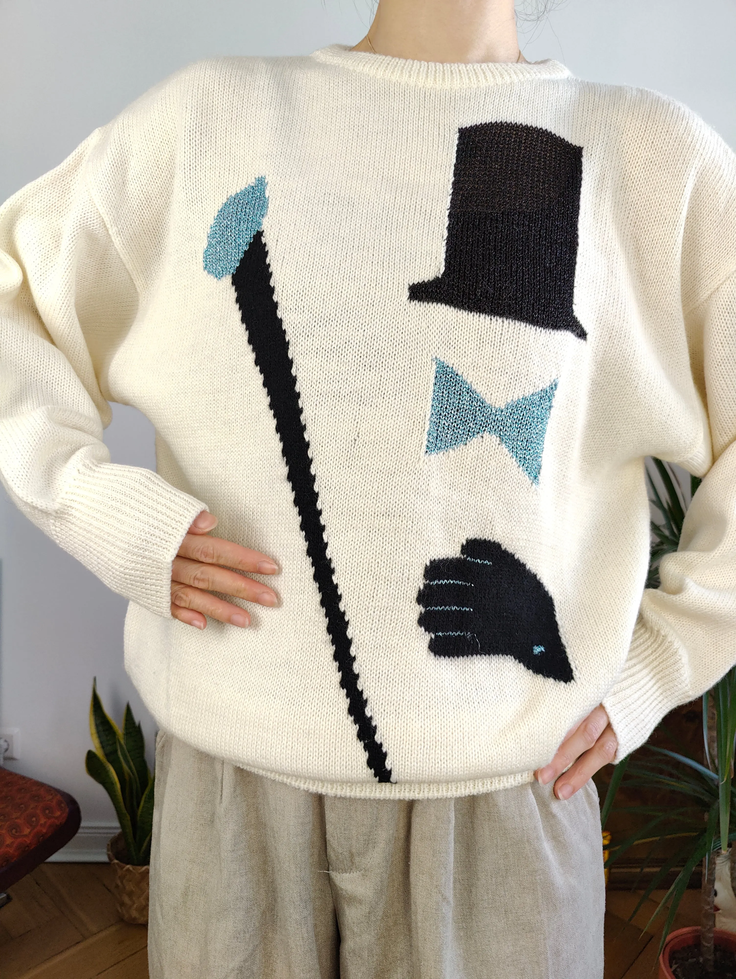 Vintage wool mix white knit knitted sweater fun magician face pattern pullover jumper M