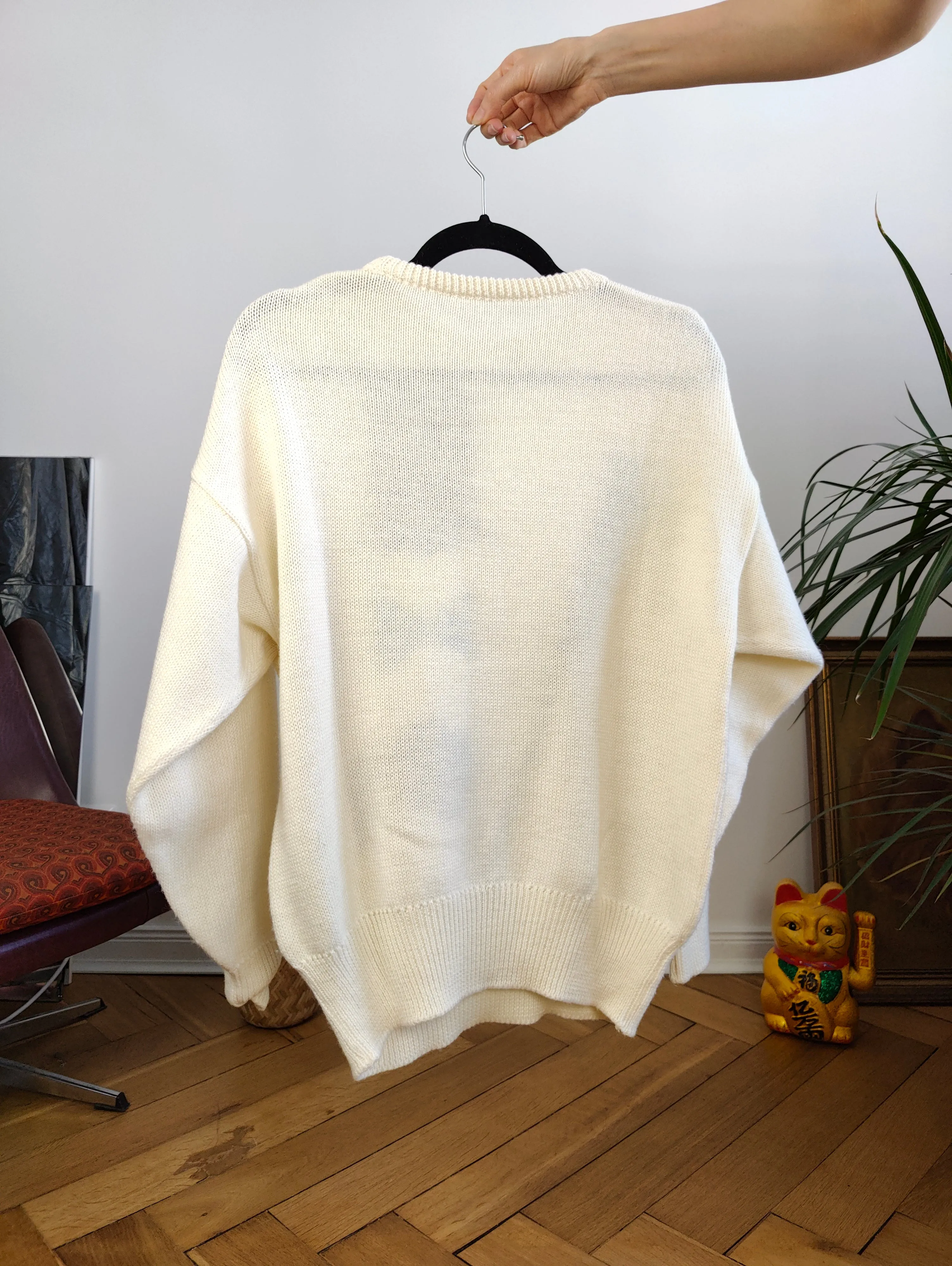 Vintage wool mix white knit knitted sweater fun magician face pattern pullover jumper M