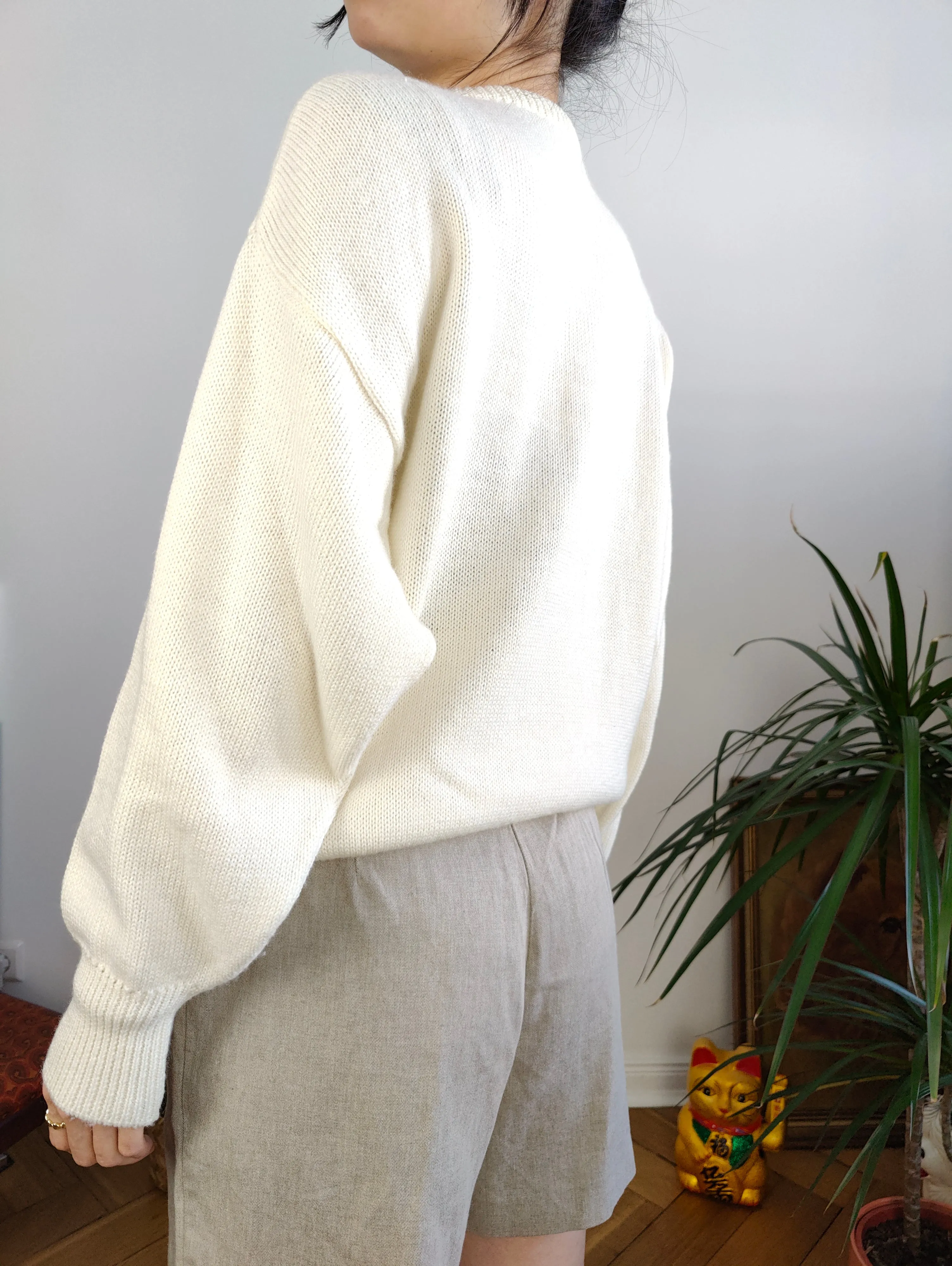 Vintage wool mix white knit knitted sweater fun magician face pattern pullover jumper M
