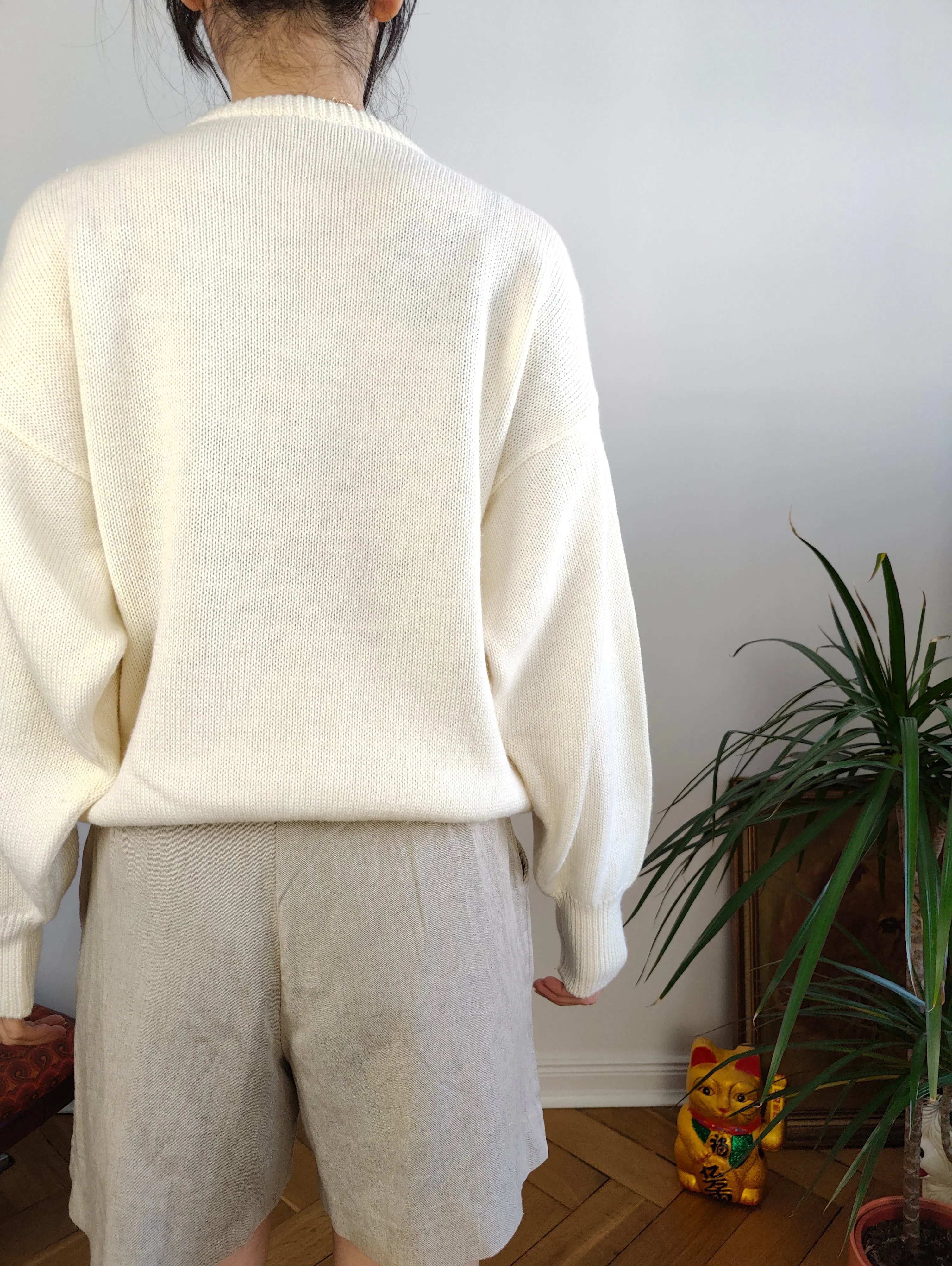 Vintage wool mix white knit knitted sweater fun magician face pattern pullover jumper M