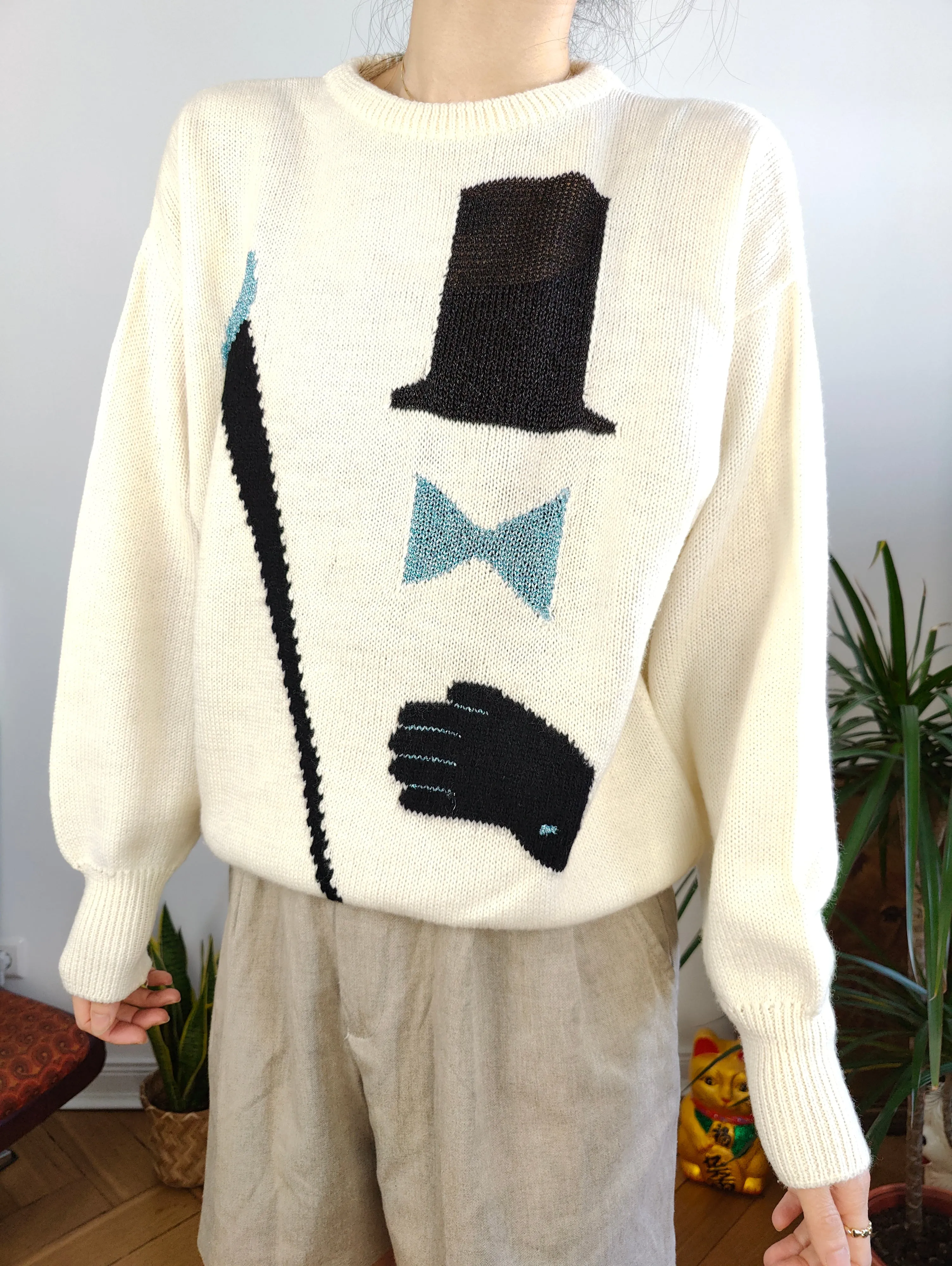Vintage wool mix white knit knitted sweater fun magician face pattern pullover jumper M