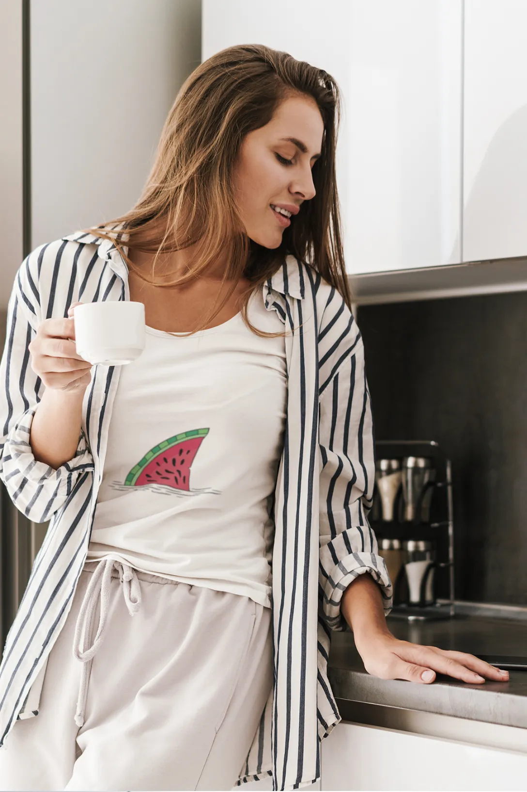 Watermelon Shark Fin Printed Scoop Neck T-shirt for women