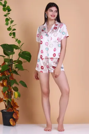 Womens Playful Donut Print Short Sleeve Printed Nightshirts and  Soft pajama set